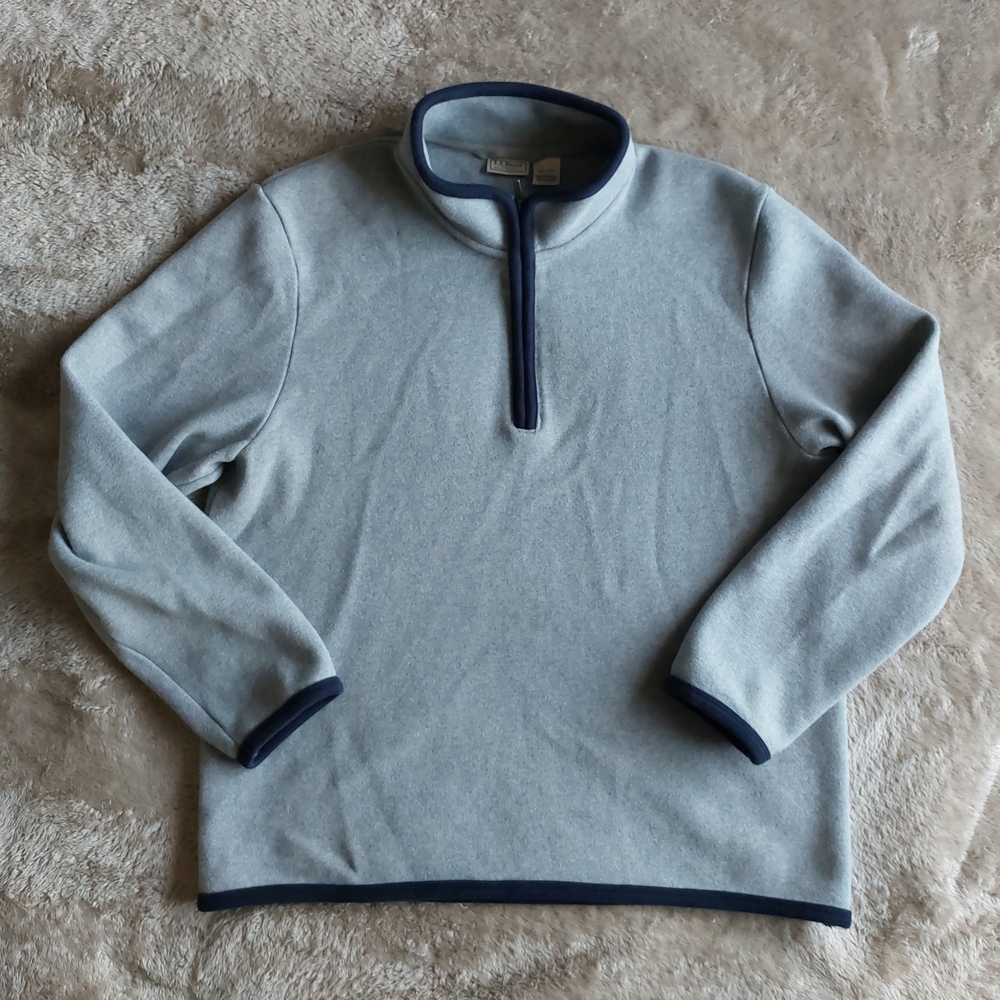 LL Bean Men's Gray Blue Heavyweight Quater Zip Mock Neck Pullover Sweater | L